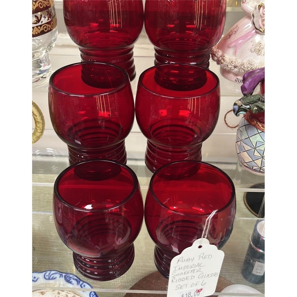 Set of 6 Ruby Red Imperial Sheaffer Ribbed Glasses